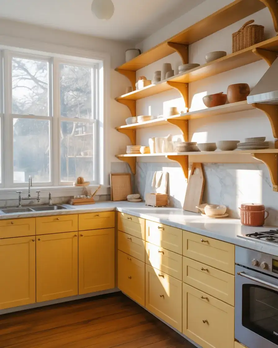 Butter-Toned Cabinets With Open Shelving 2