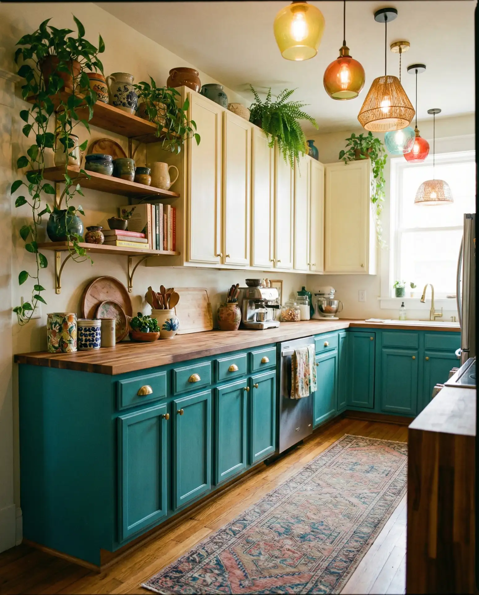 Colorful Lower Cabinets with Neutral Uppers 1
