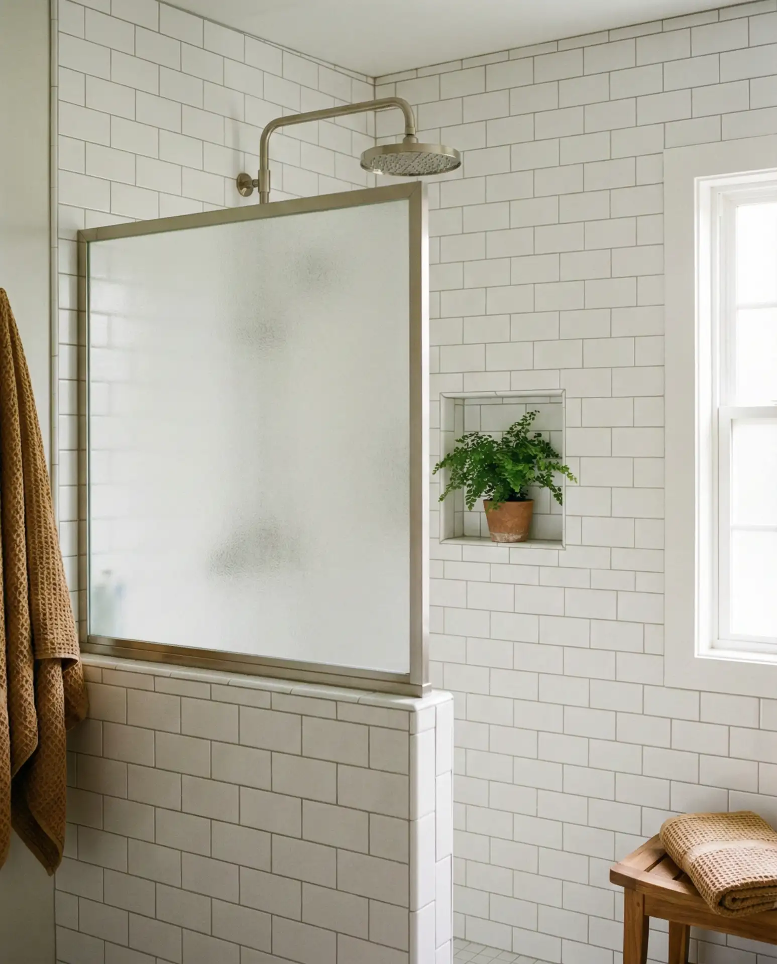 Corner Shower with a Half-Wall and White Subway Tile 1