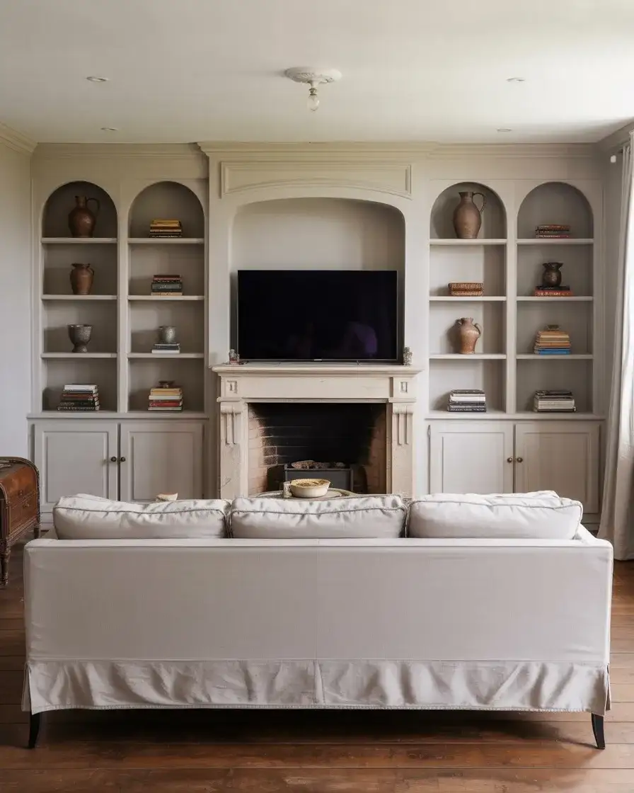 Cottage Style Built-Ins Flanking Stone Fireplace 2