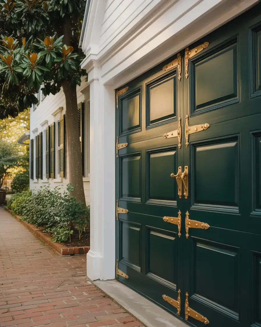 Dark Green Garage Door with Brass Hardware 1