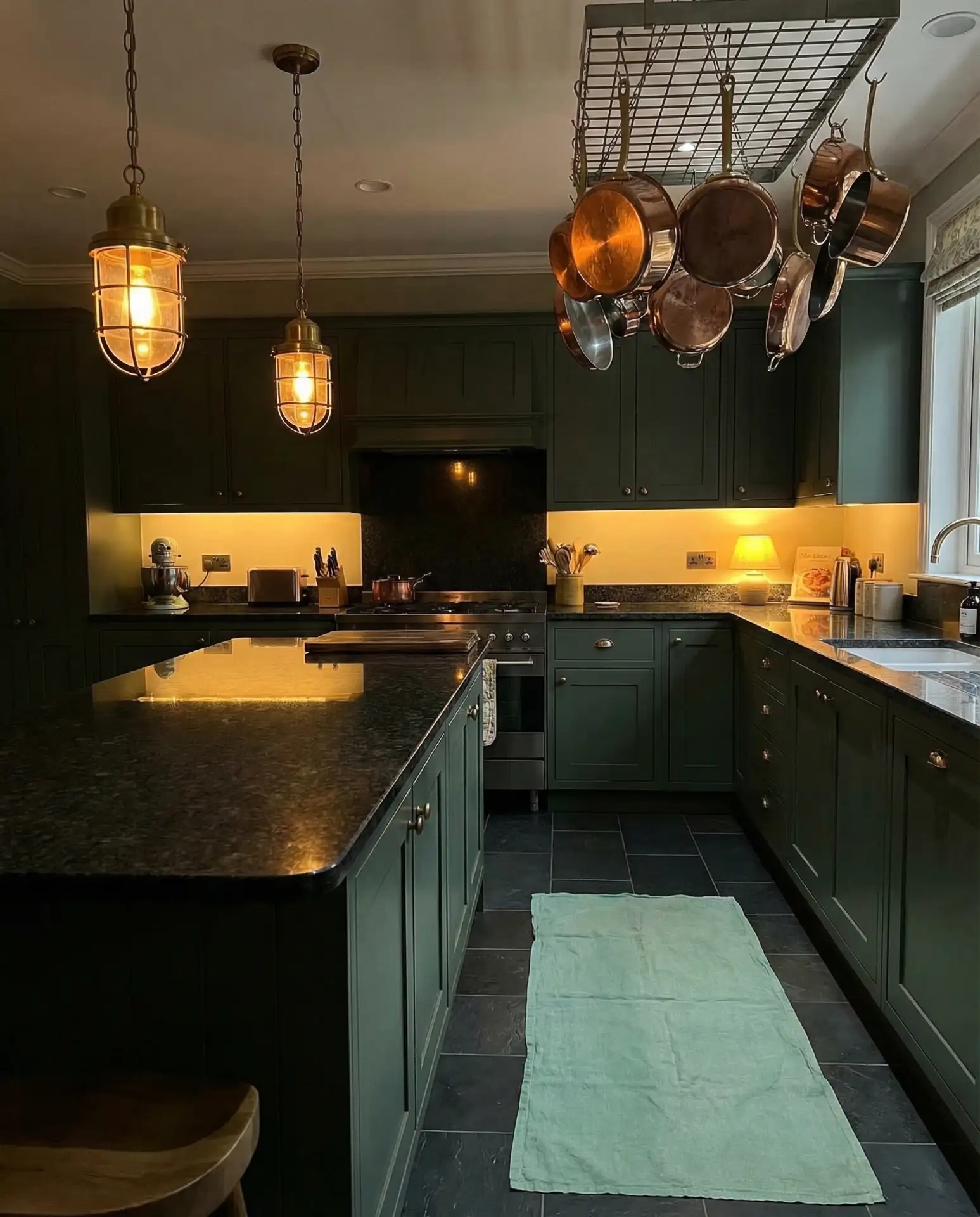 Dark Green Kitchen with Brass-Lighting 1