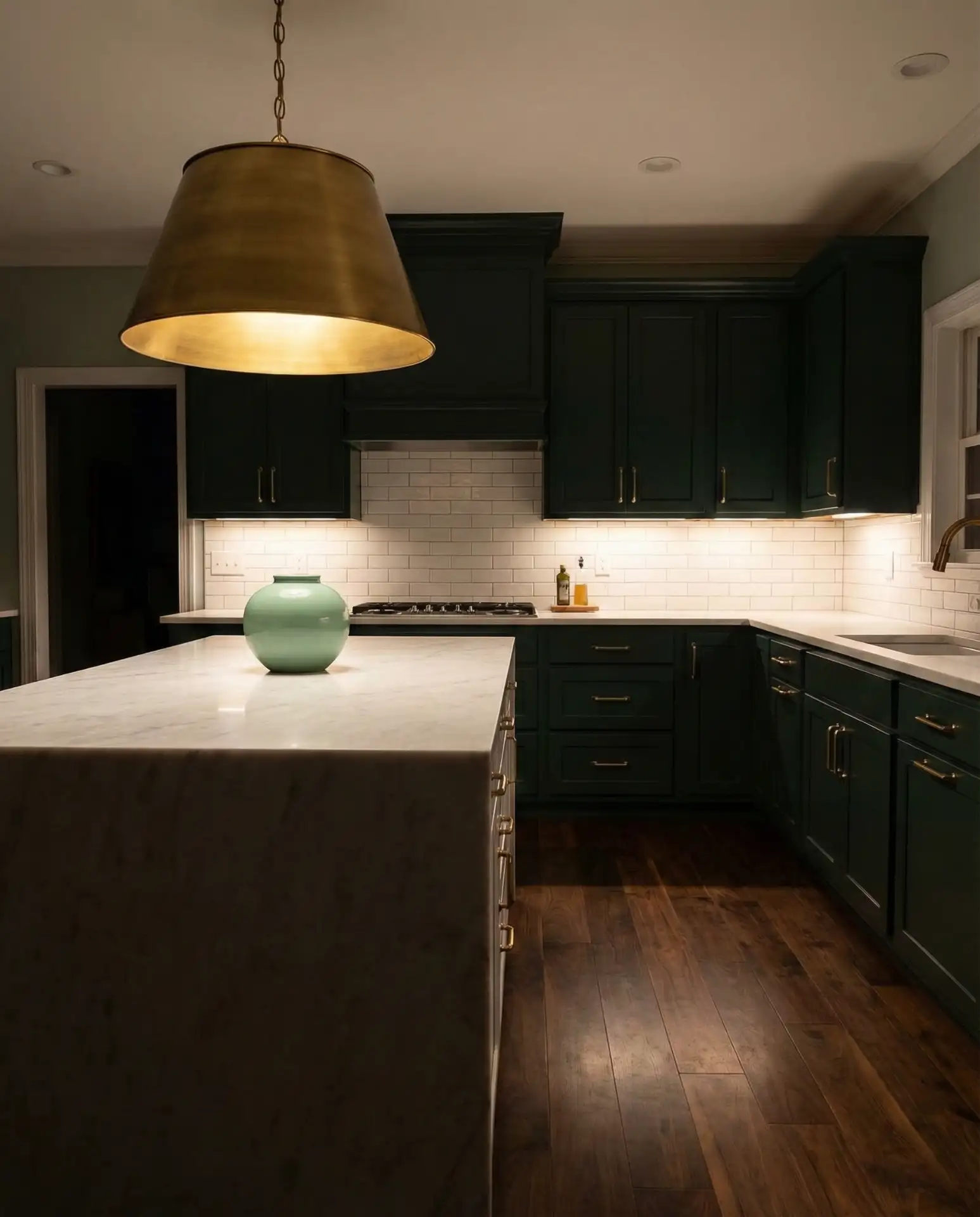 Dark Green Kitchen with Brass Lighting 2