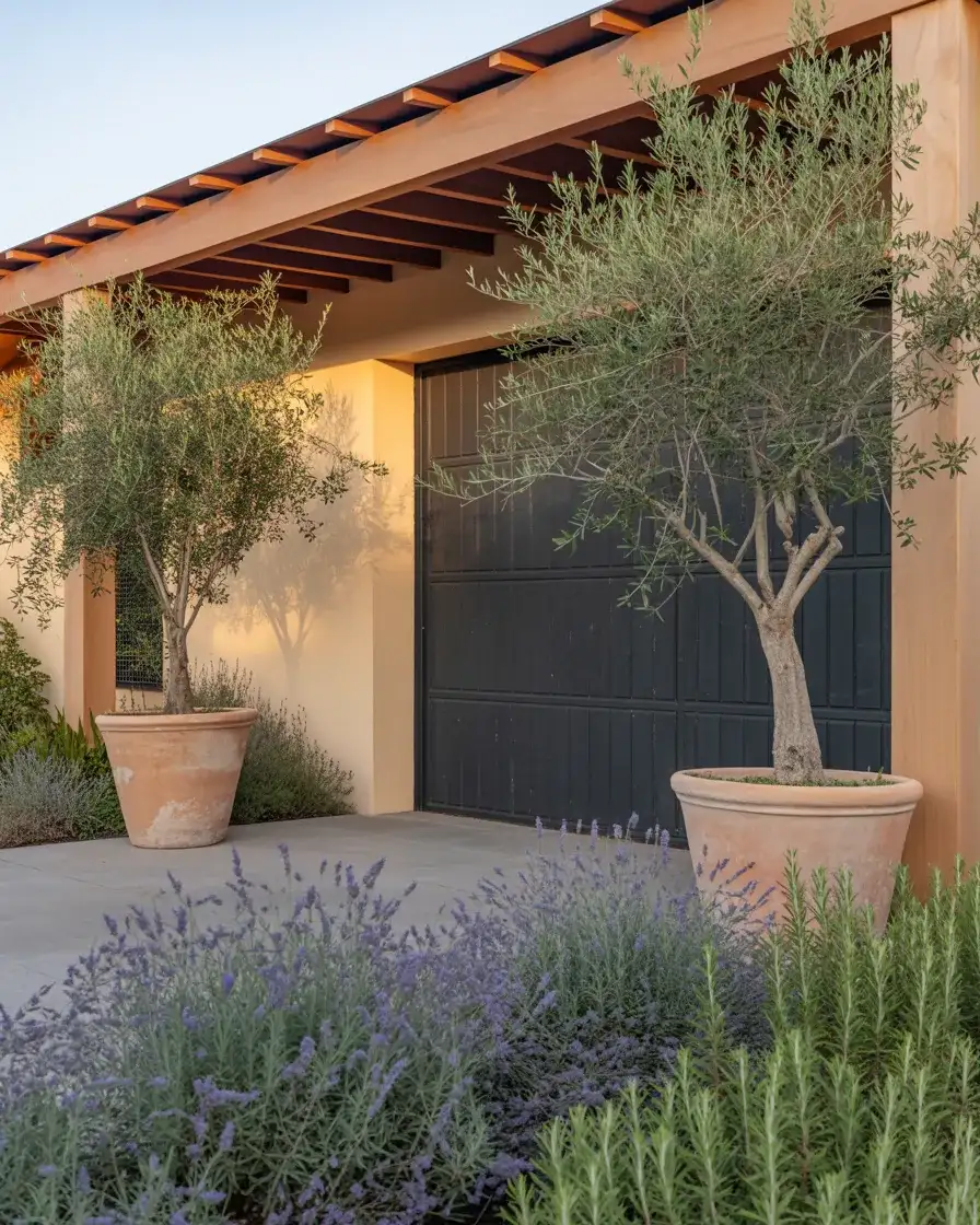 Dark Painted Garage Door with Pergola and Potted Olive Trees 2