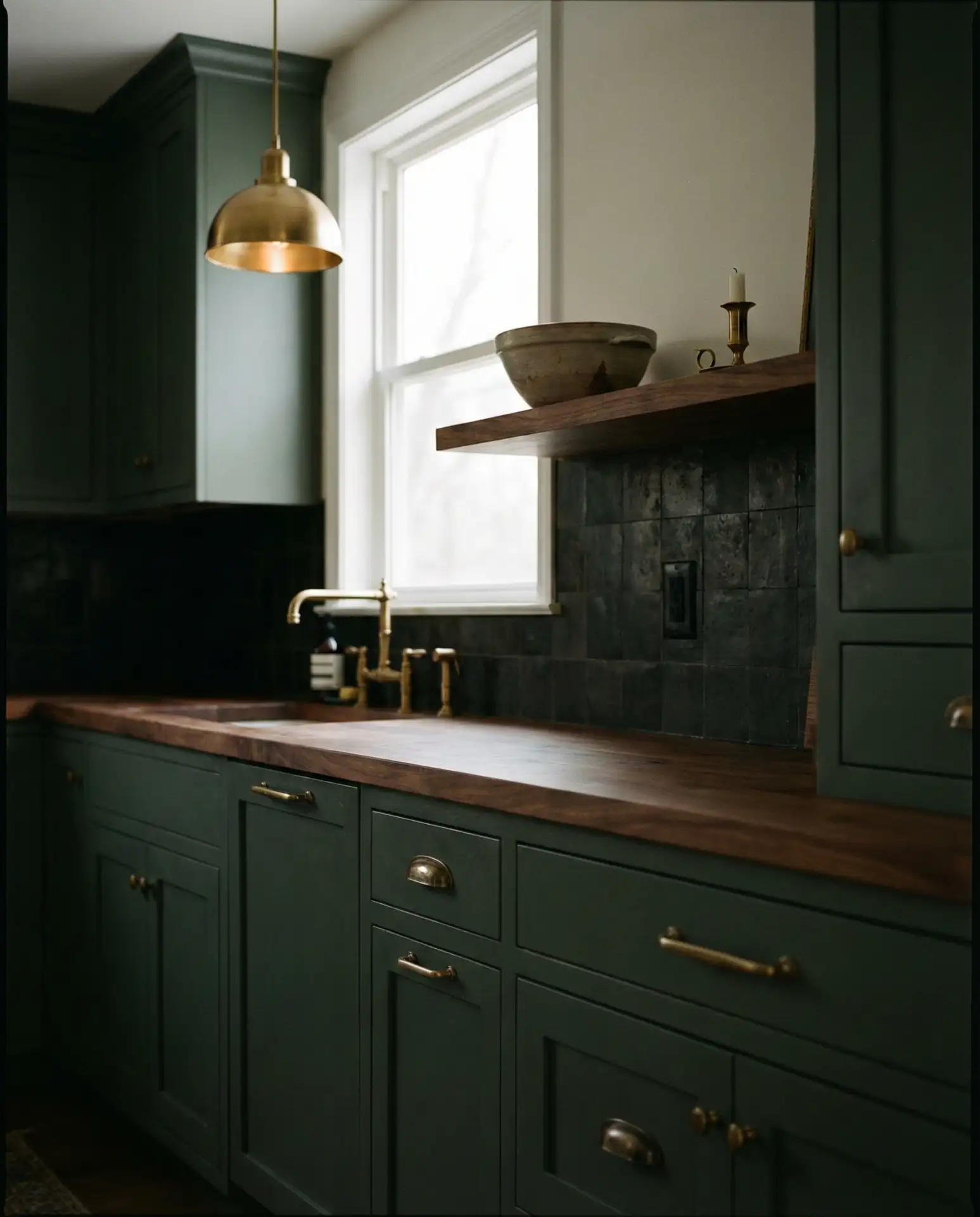 Dark Sage Green Kitchen with Walnut Accents 1