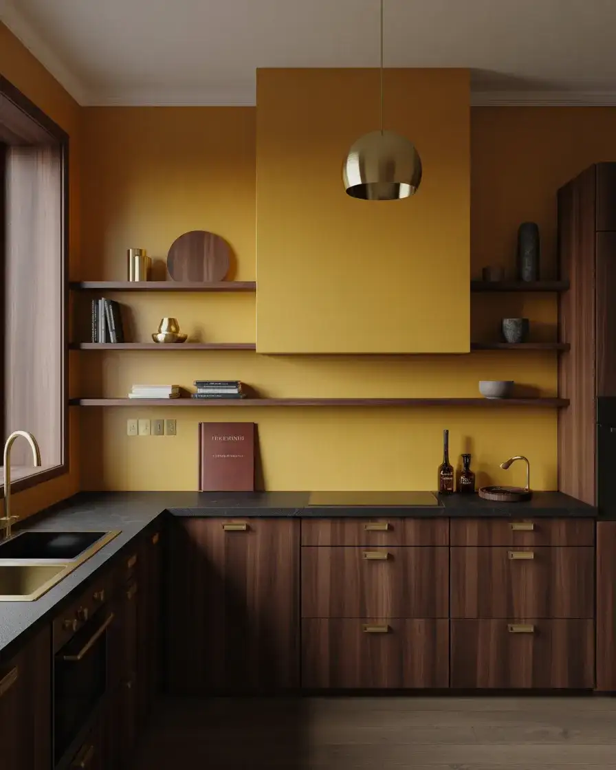 Deep Mustard Kitchen With Brass and Wood 2