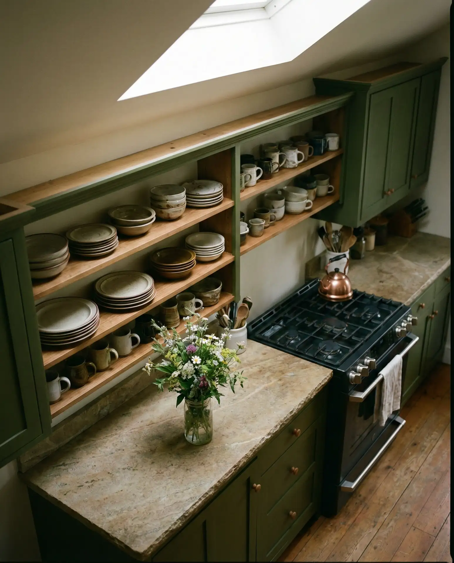 Deep Olive Green Open Shelving Kitchen 1