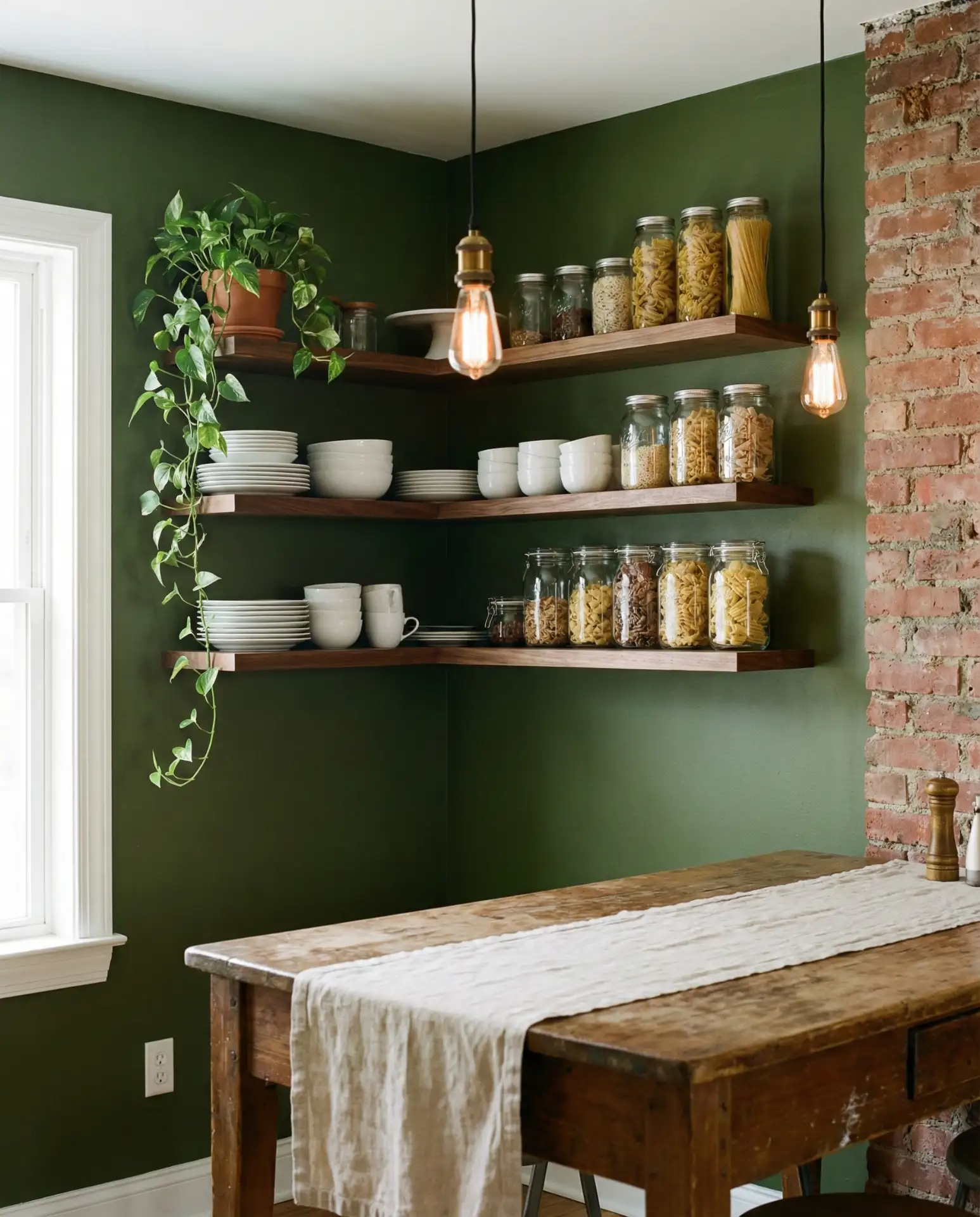 Deep Olive Green Open Shelving Kitchen 2