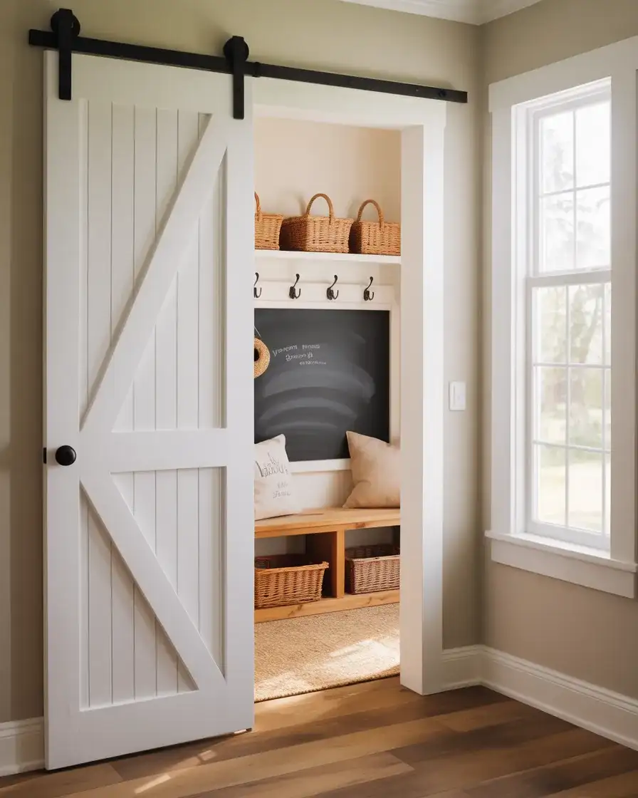 Farmhouse White Barn Door for a Mudroom Entry 1