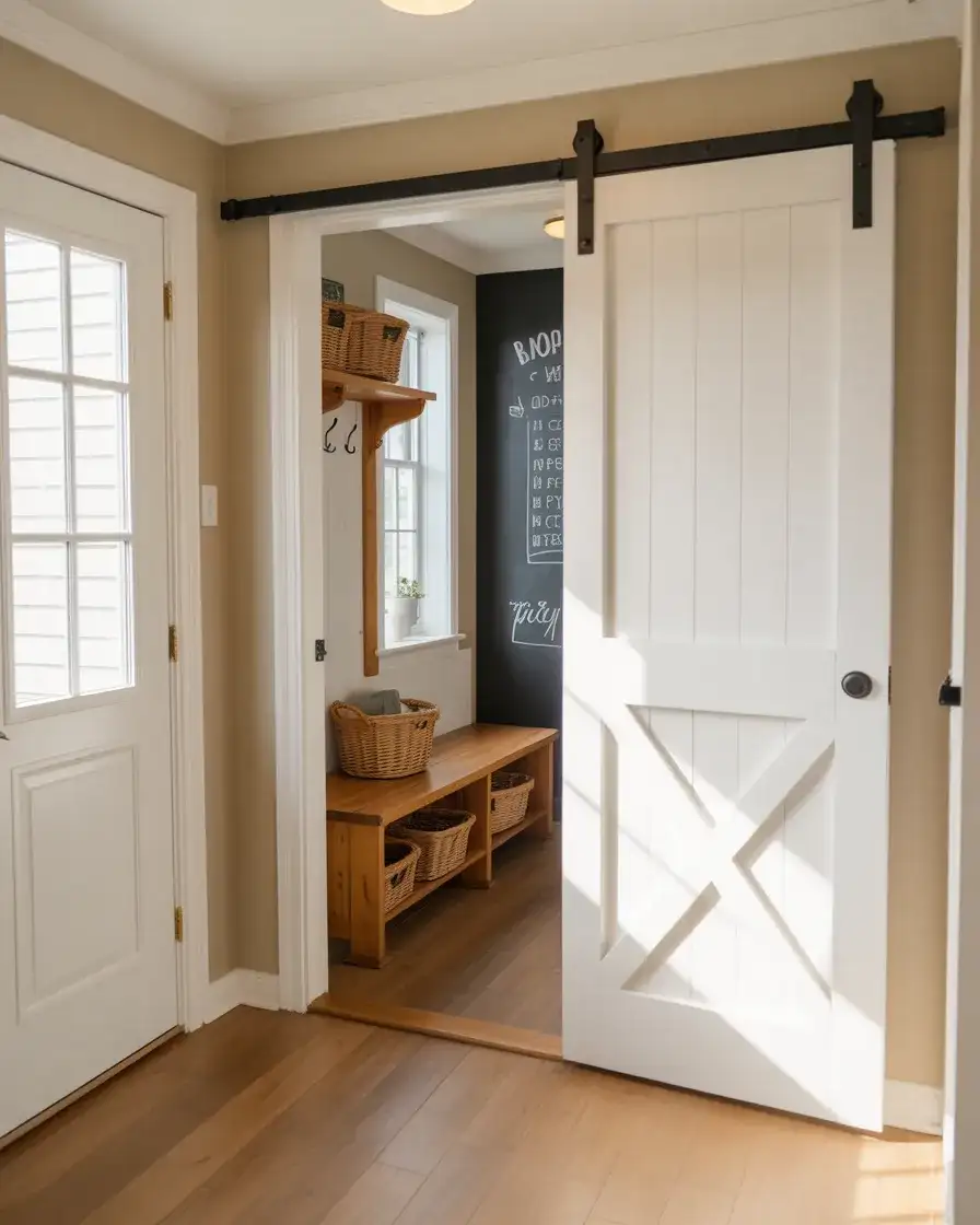Farmhouse White Barn Door for a Mudroom Entry 2