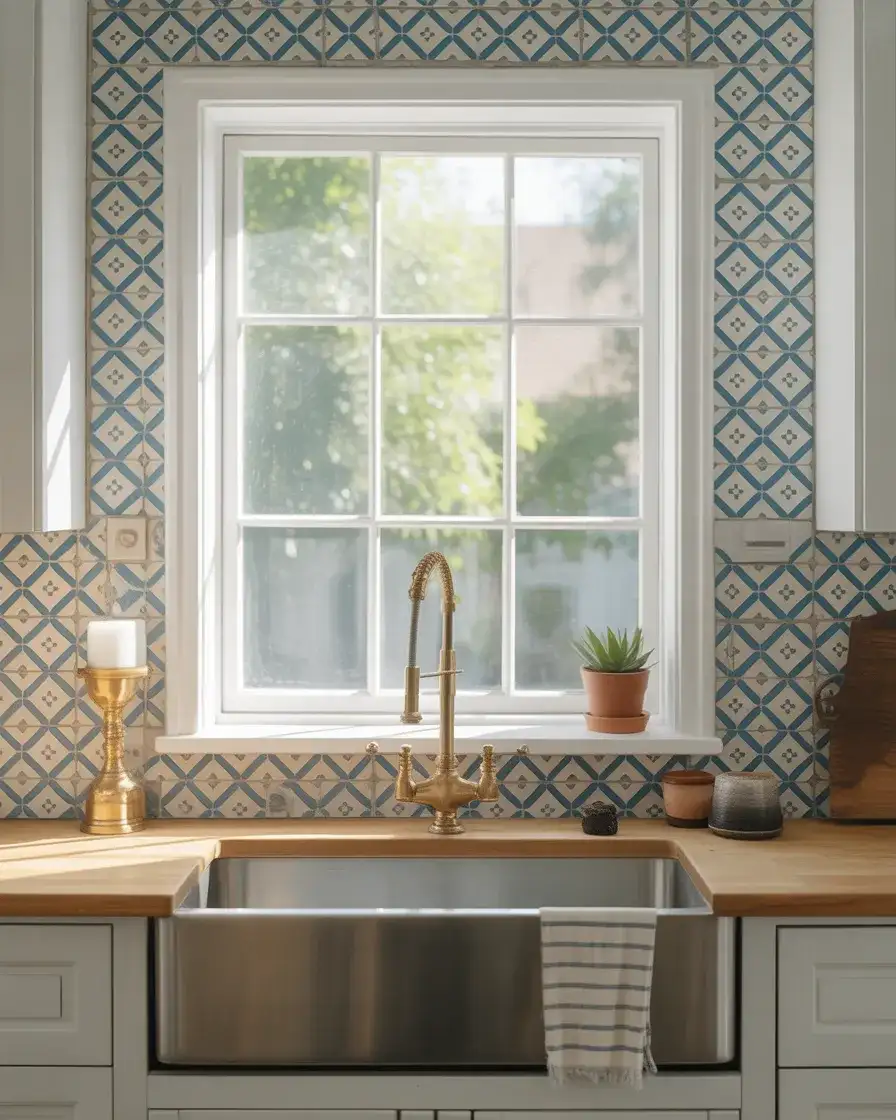 Geometric Tile Backsplash Framing the Sill 1