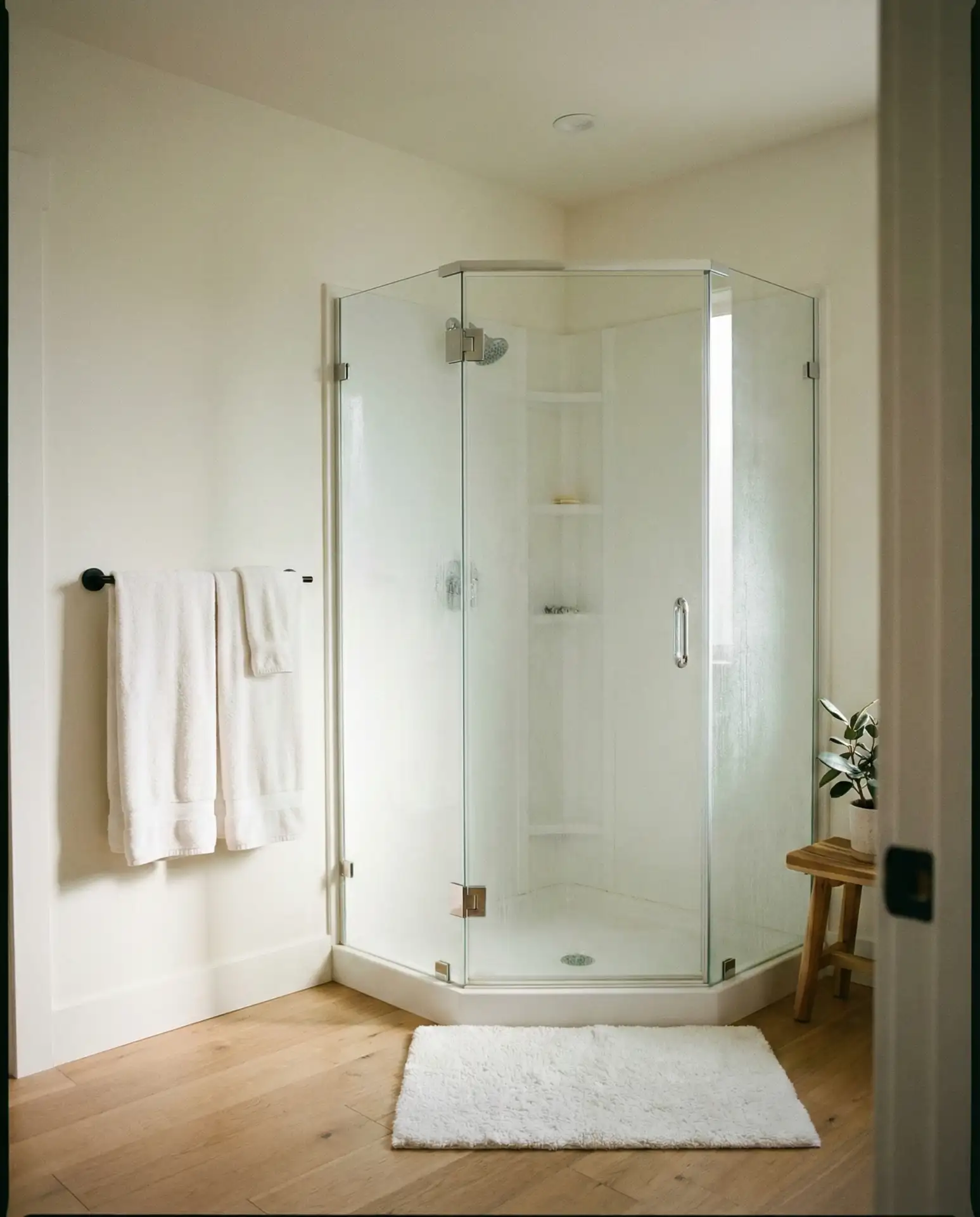 Glass-Enclosed Corner Shower with Frameless Panels 2