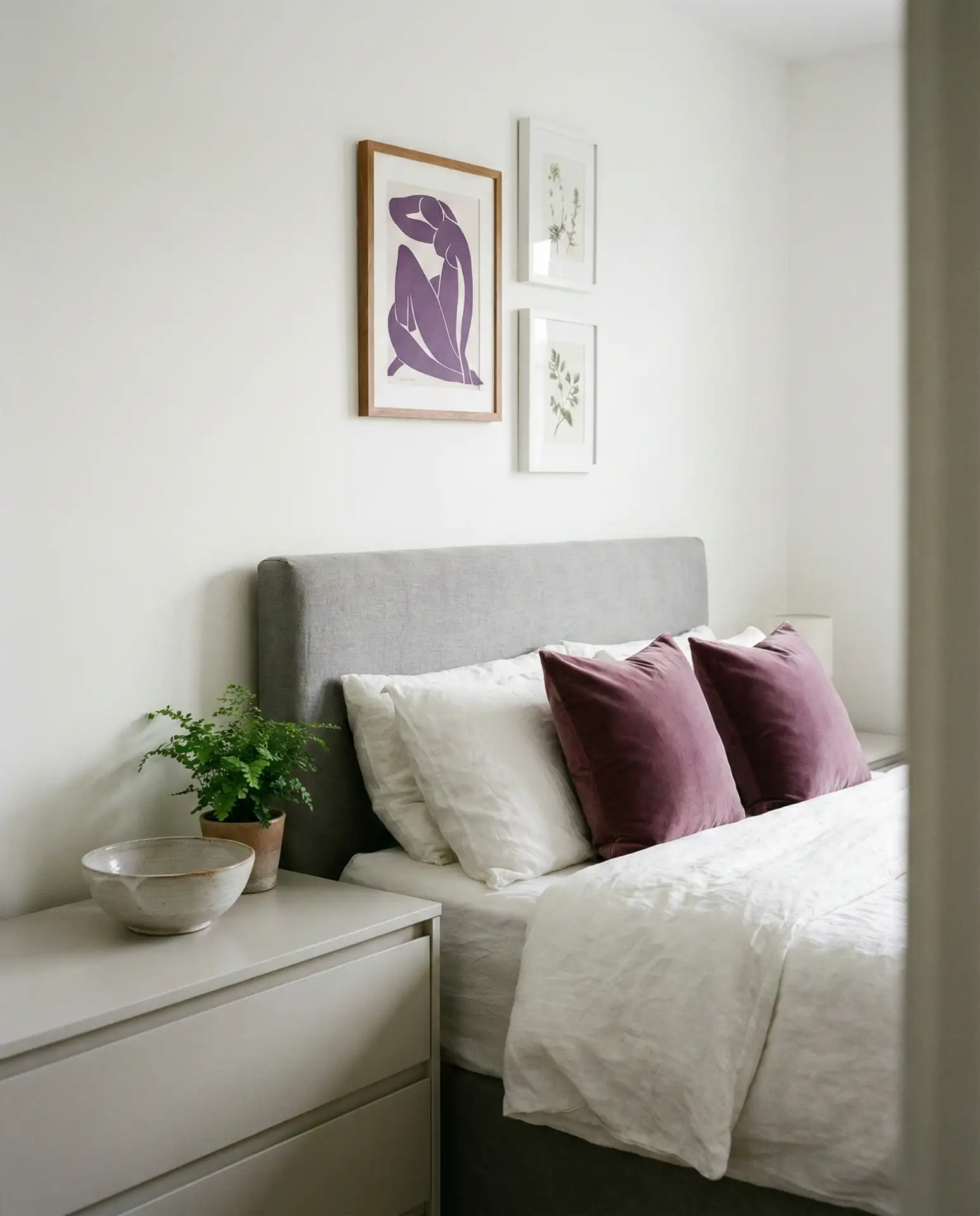 Gray and White Bedroom with Color Pops and Purple Accents 1