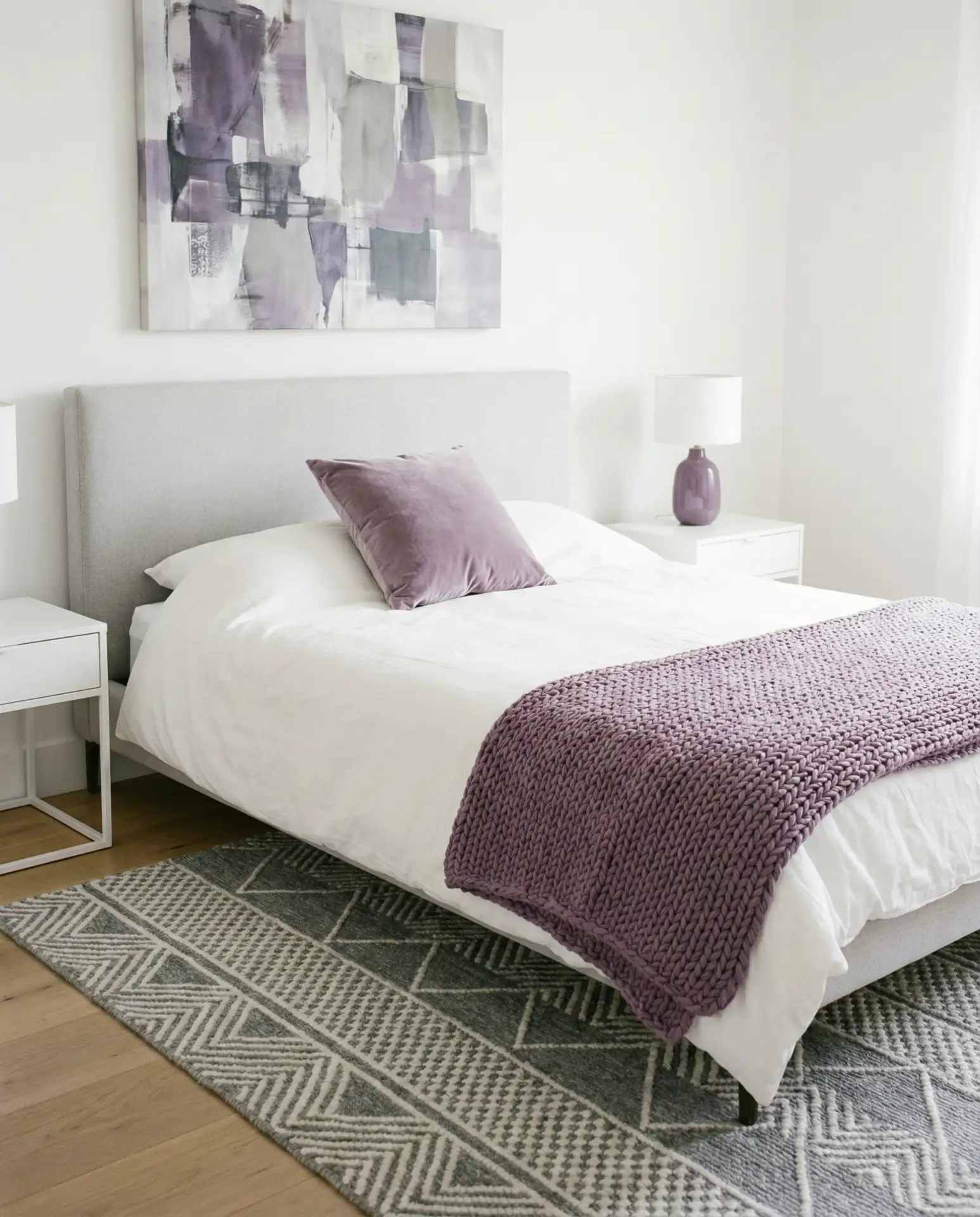Gray and White Bedroom with Color Pops and Purple Accents 2