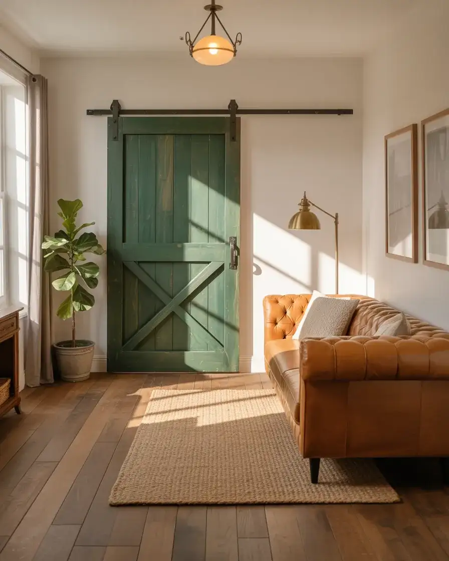 Green Painted Barn Door for a Moody Living Room 1