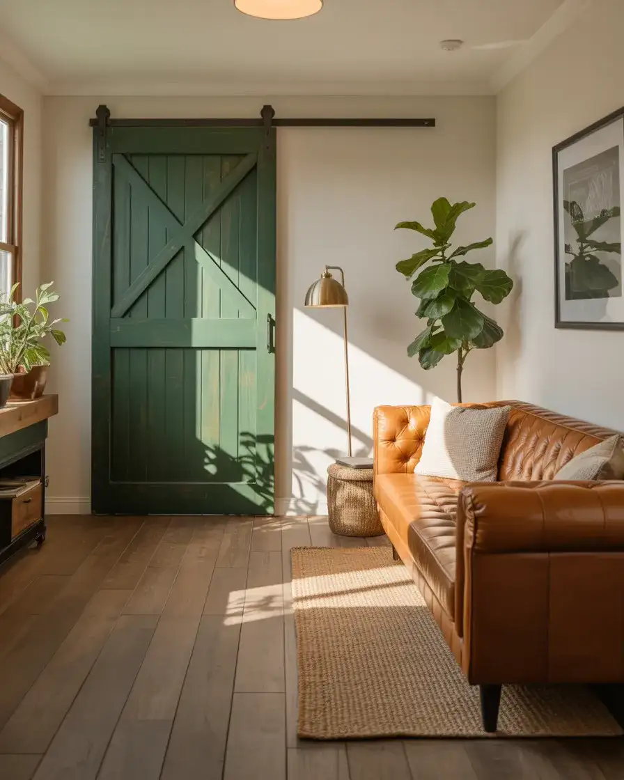 Green Painted Barn Door for a Moody Living Room 2