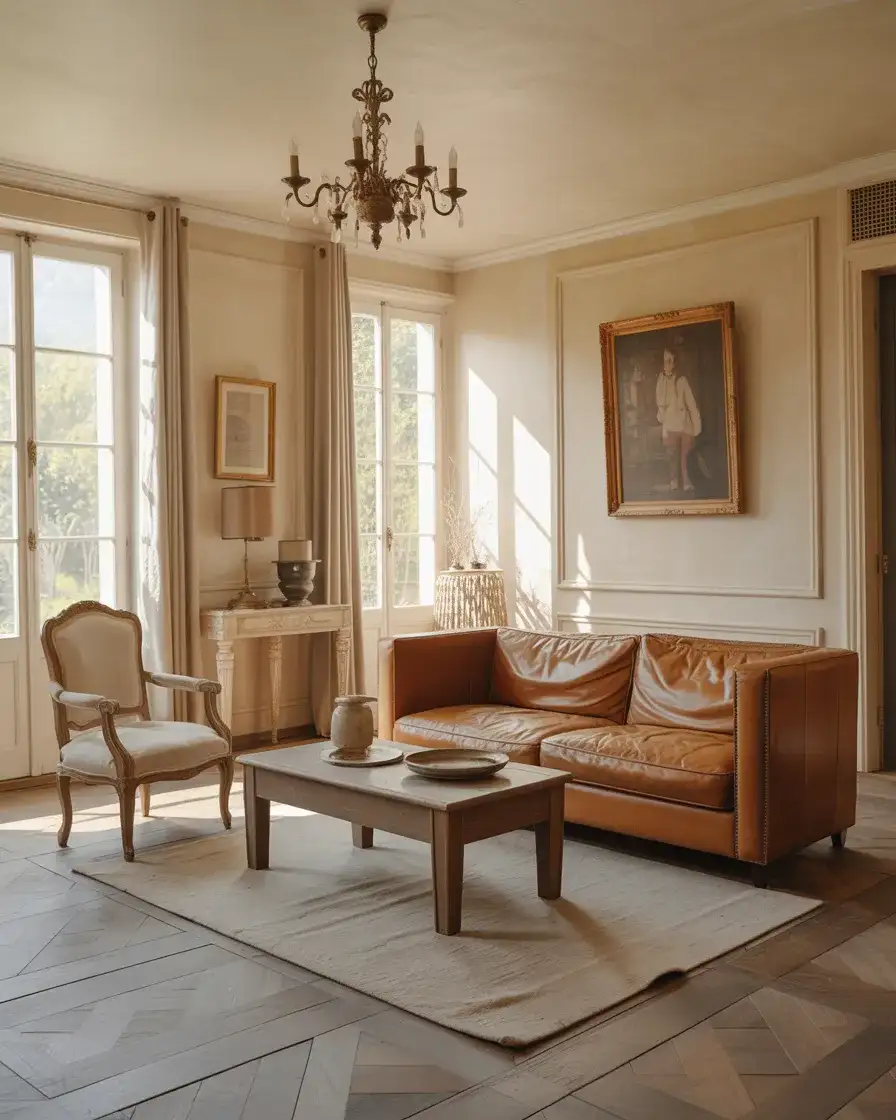 Leather Couch with French Bergère Chairs 1
