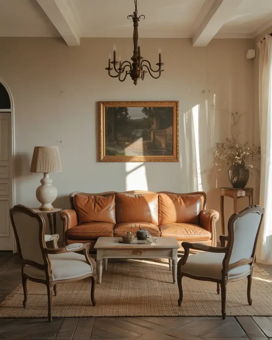 Leather Couch with French Bergère Chairs 2