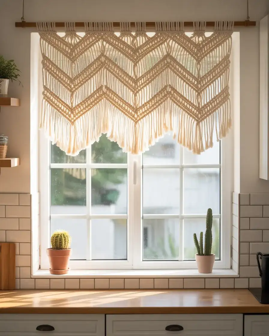 Macrame Valance Over Bare Glass 1