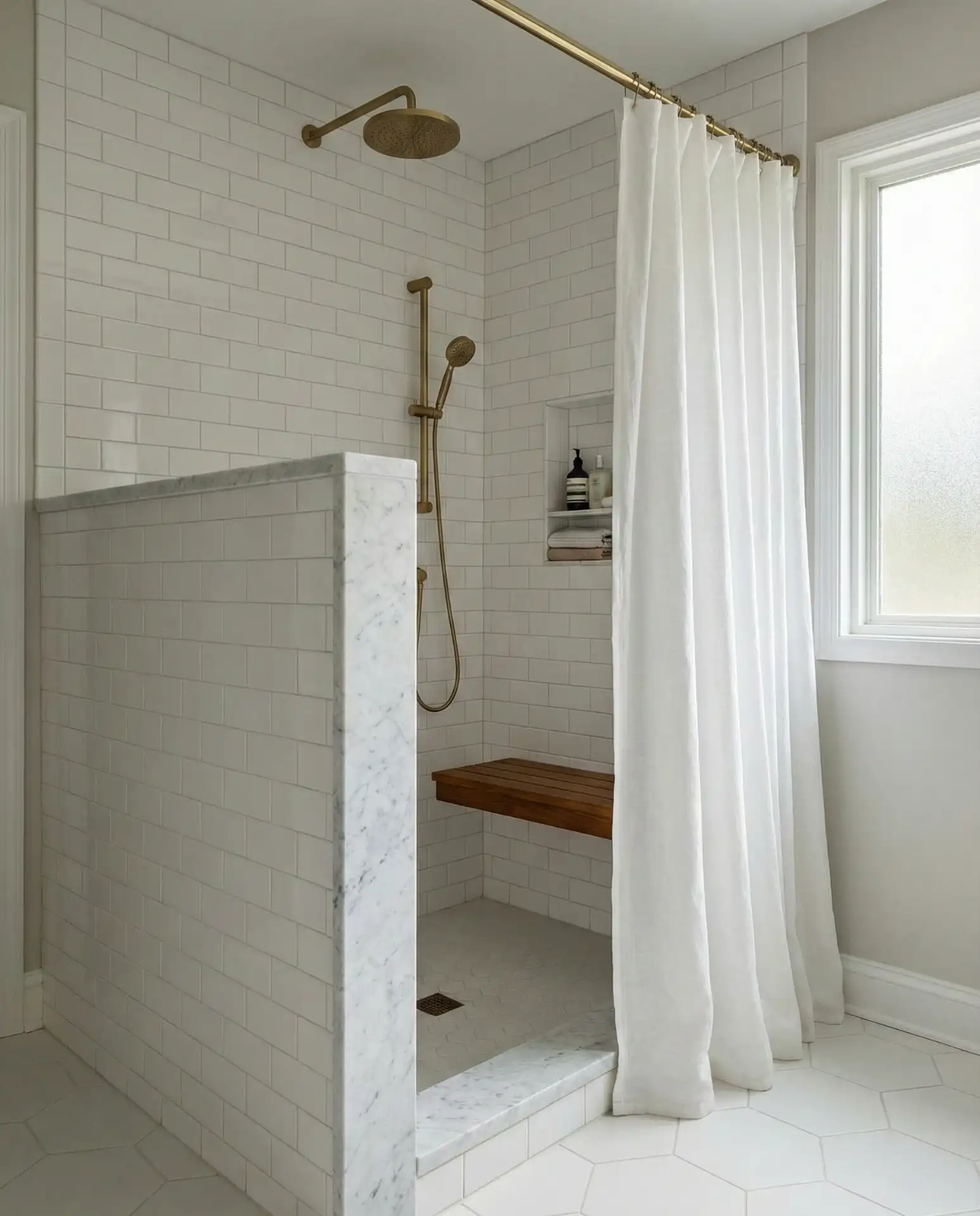 Master Shower with Curtain and a Half-Wall Partition 1