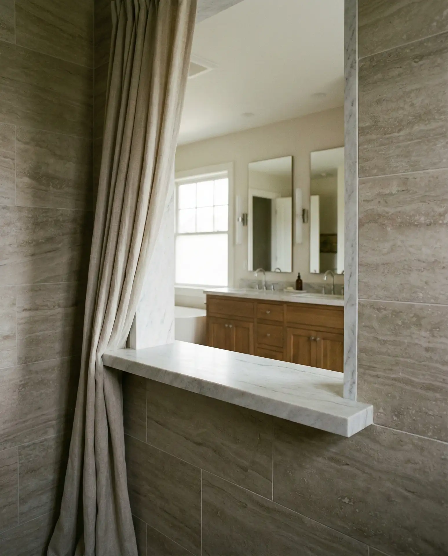 Master Shower with Curtain and a Half-Wall Partition 2