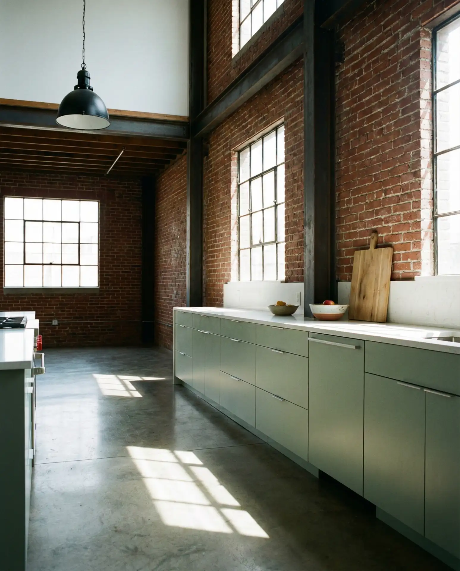 Modern Light Green Kitchen with Polished-Concrete 1