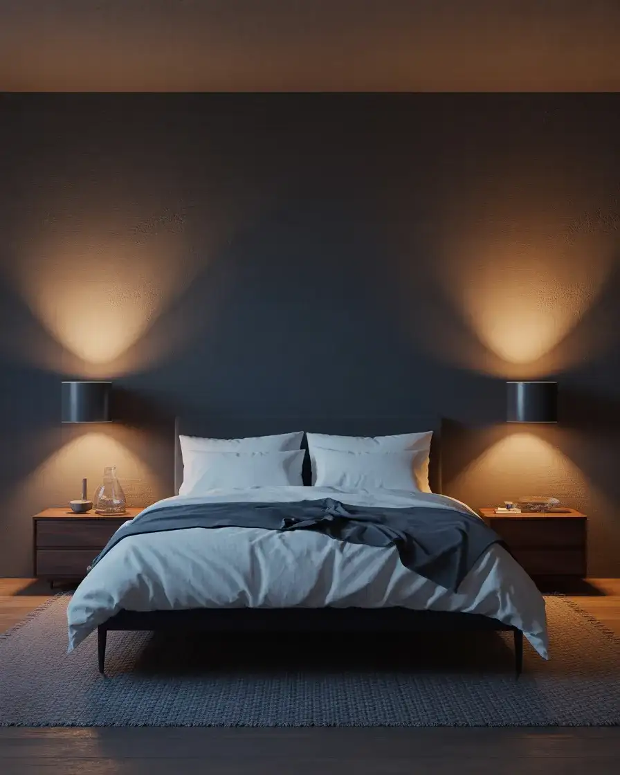 Moody Bedroom Lighting with Dark Walls and Uplights 1