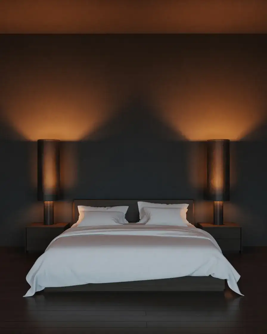Moody Bedroom Lighting with Dark Walls and Uplights 2