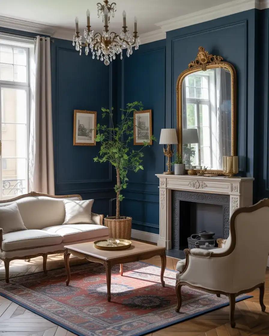 Moody Blue Walls with Antique Brass Lighting 2
