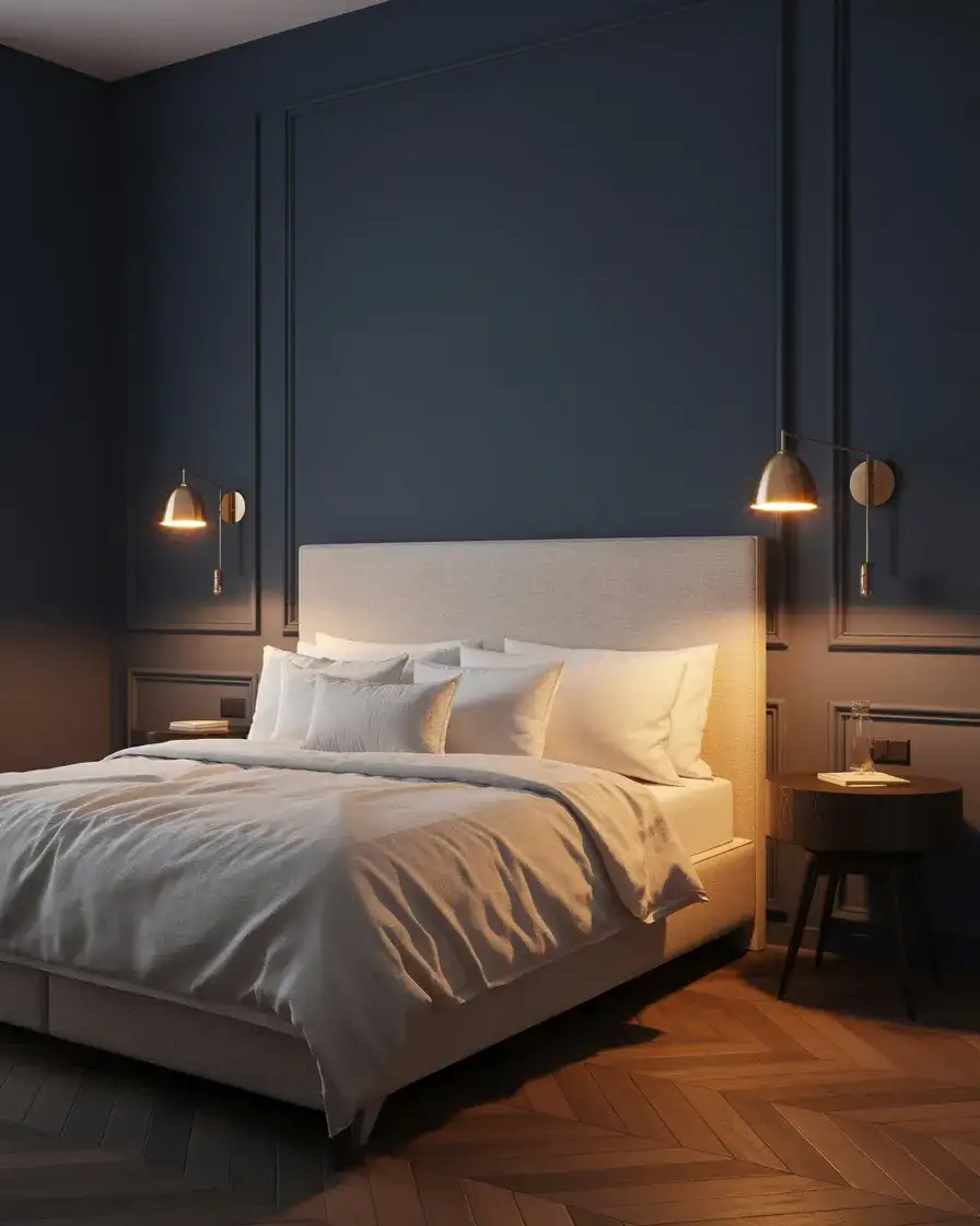 Moody Blue Walls with Warm Brass Sconces 1