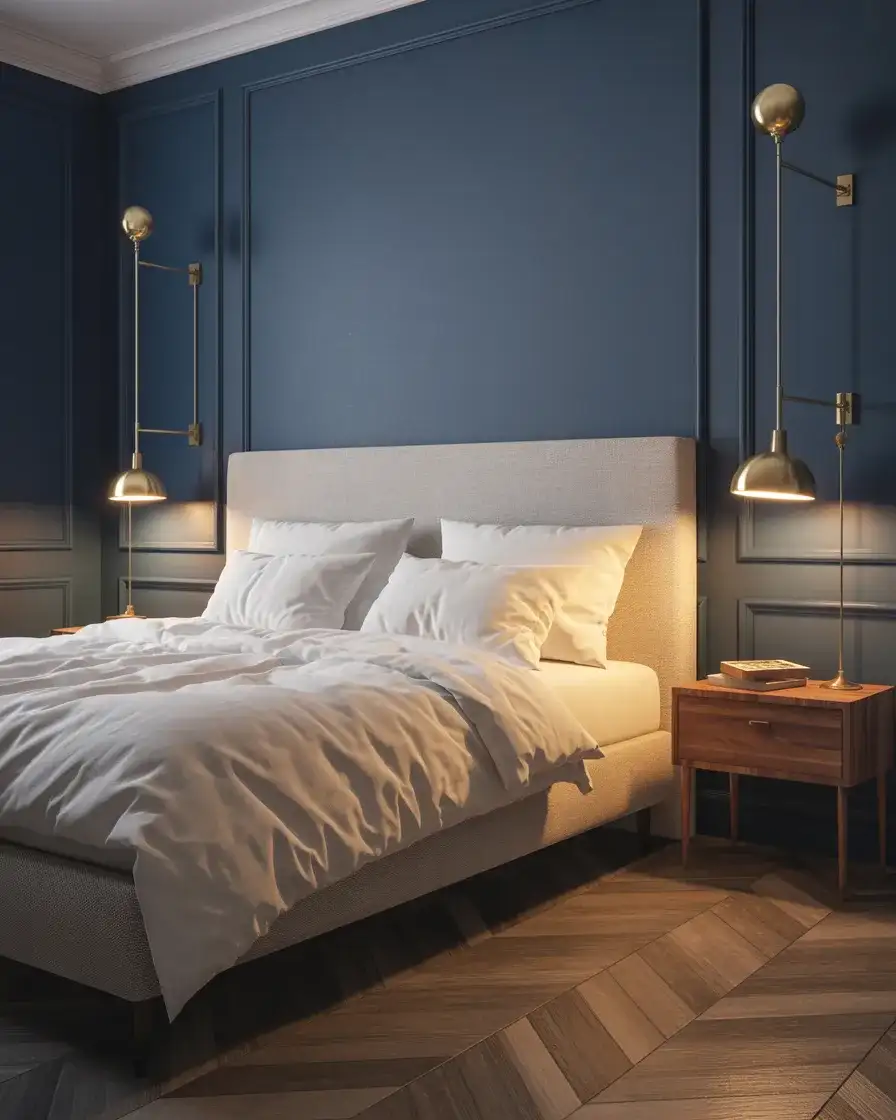 Moody Blue Walls with Warm Brass Sconces 2