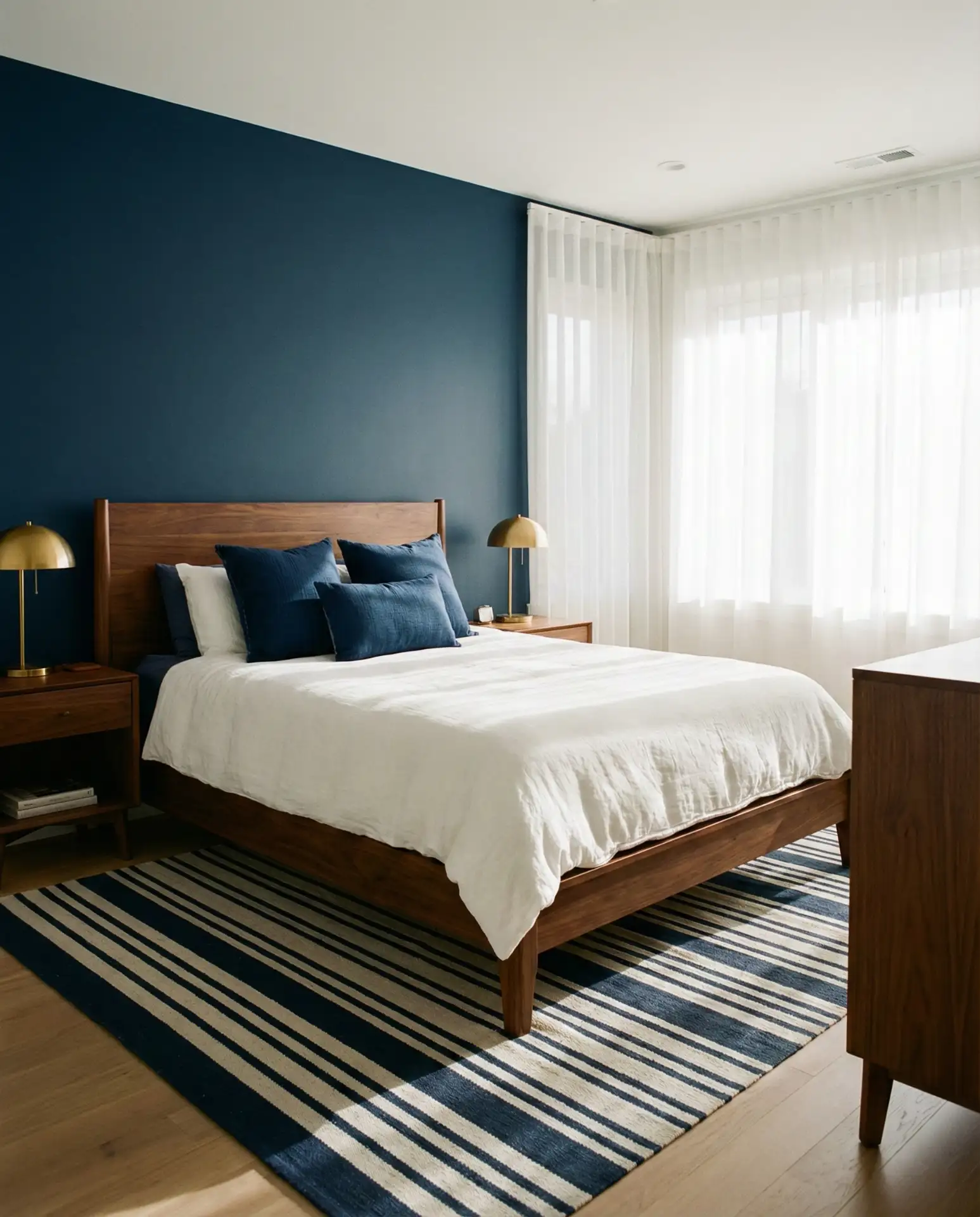 Navy Blue and White Bedroom with Brown Wood Furniture 2