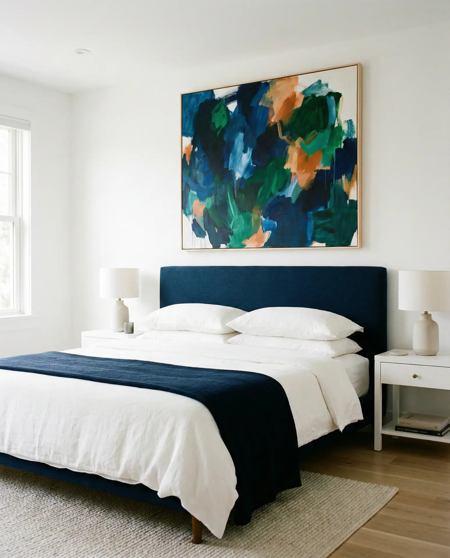 Navy and White Bedroom with Bold Color Art 1