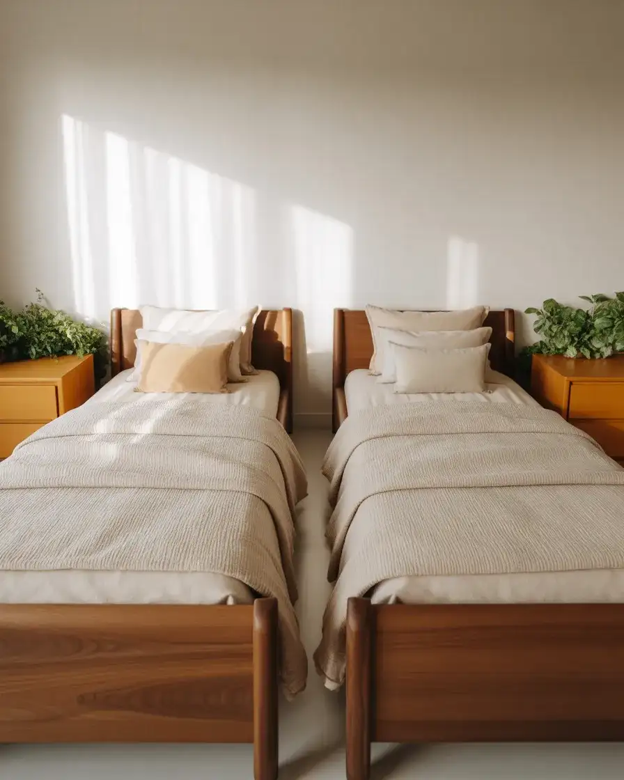 Neutral Twin Bedroom With Warm Wood Accents 2