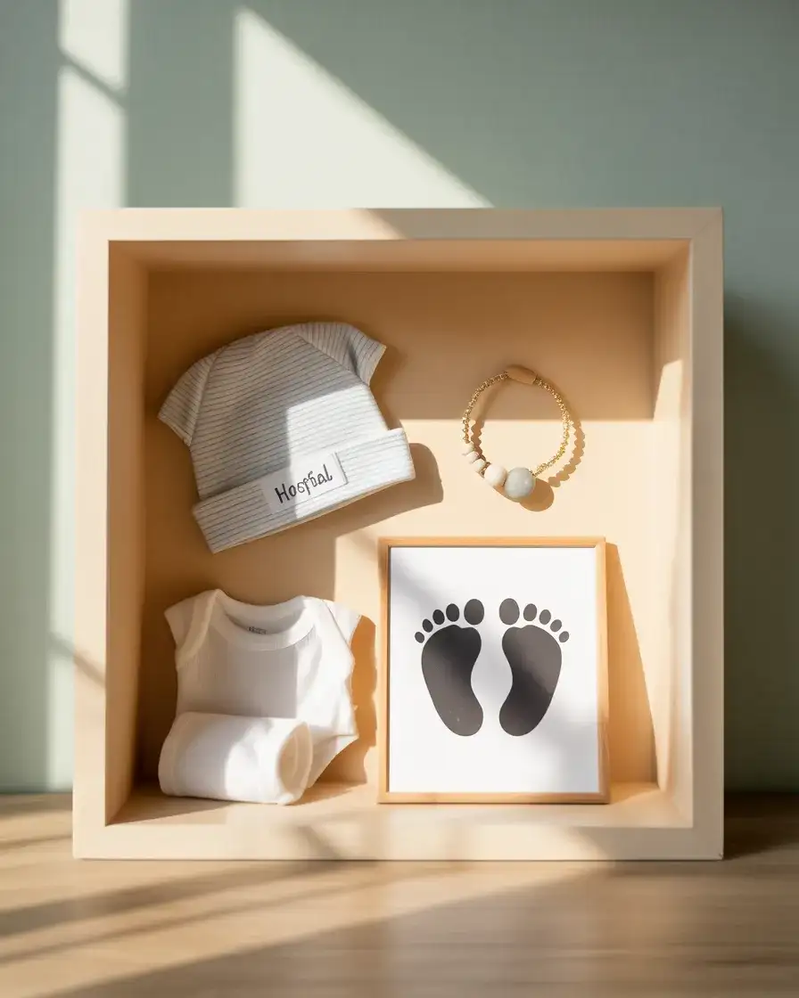Newborn Hospital Bracelet and First Outfit Display 2