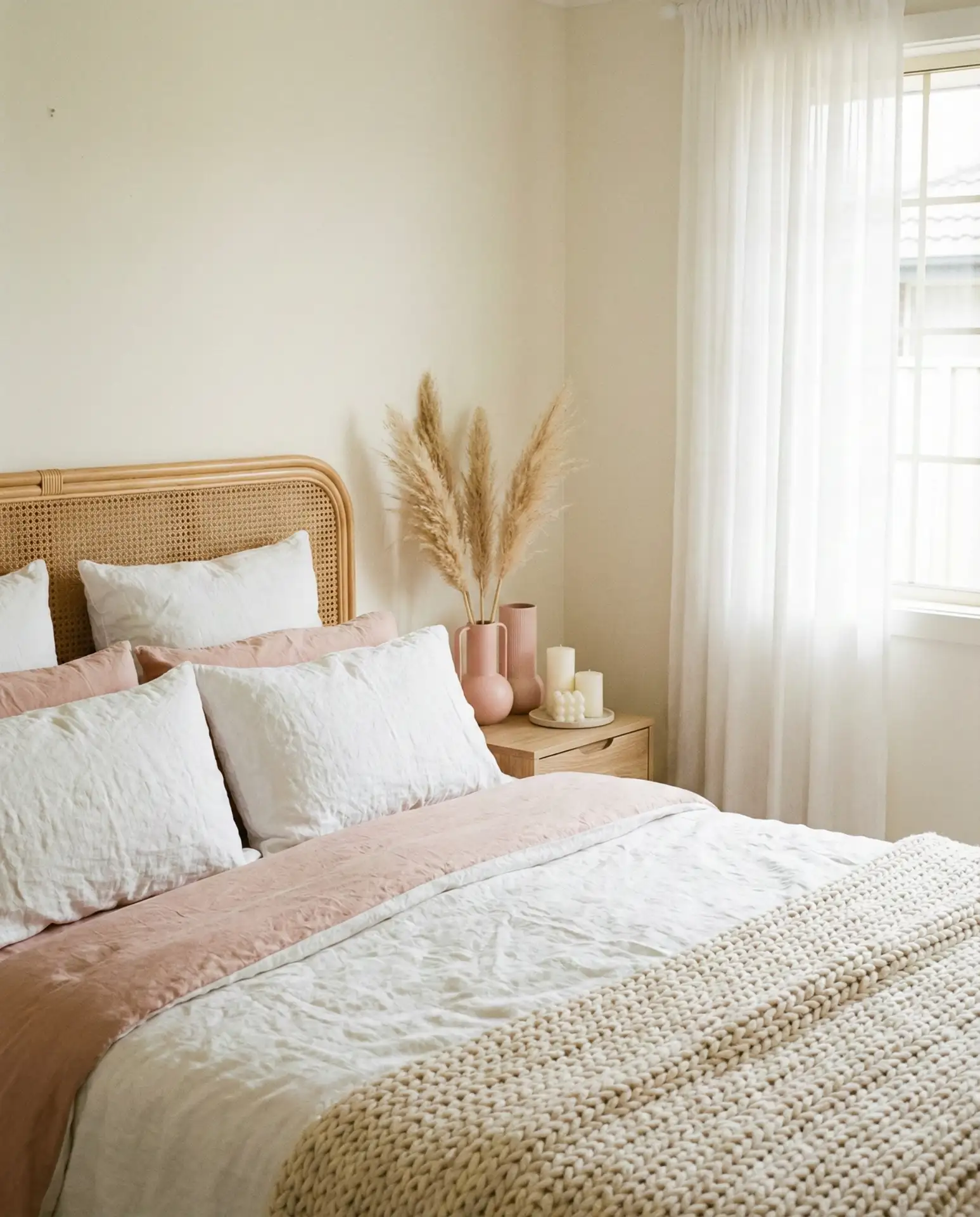 Off-White Cozy Bedroom with Pink Linen Accents 1