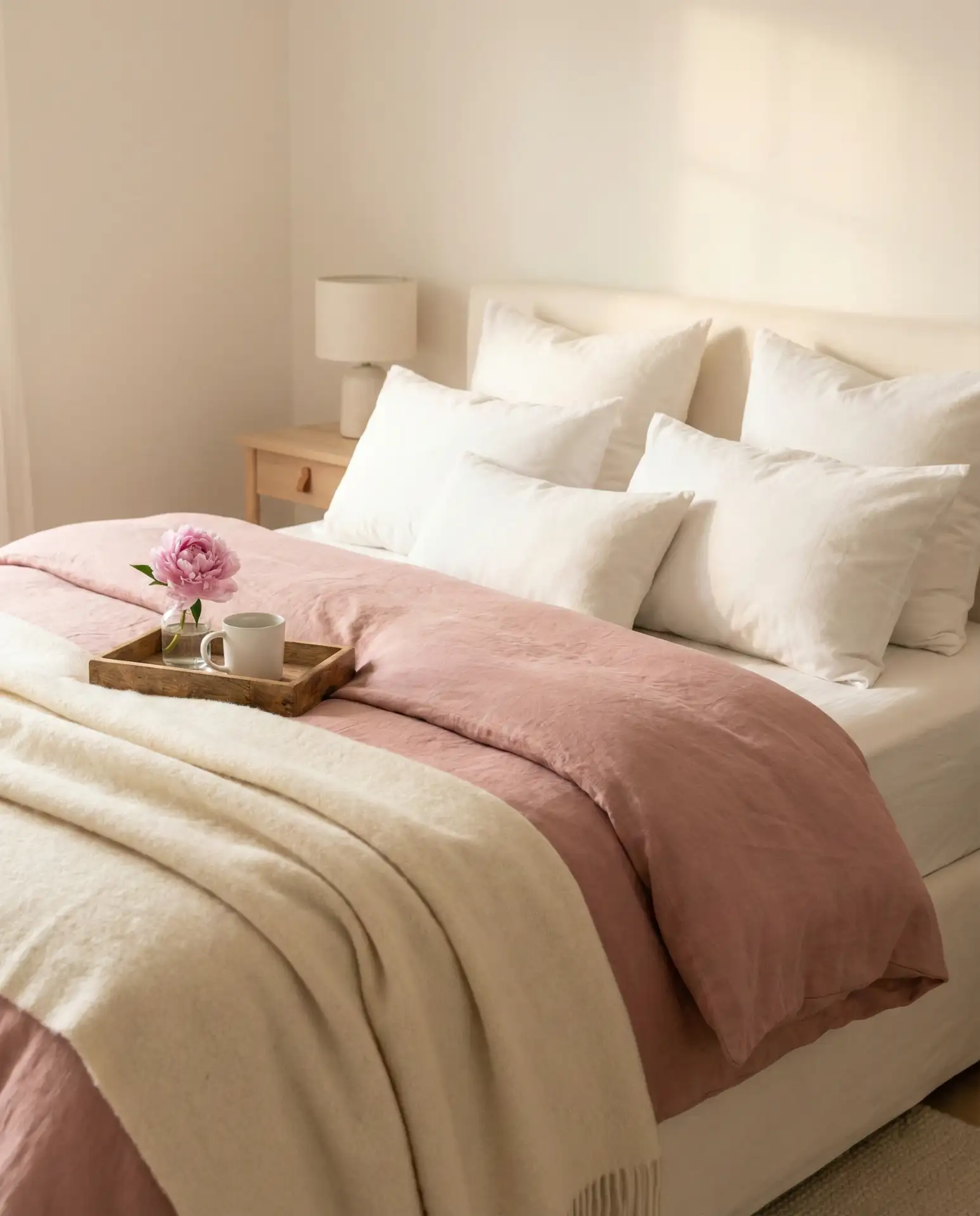 Off-White Cozy Bedroom with Pink Linen Accents 2