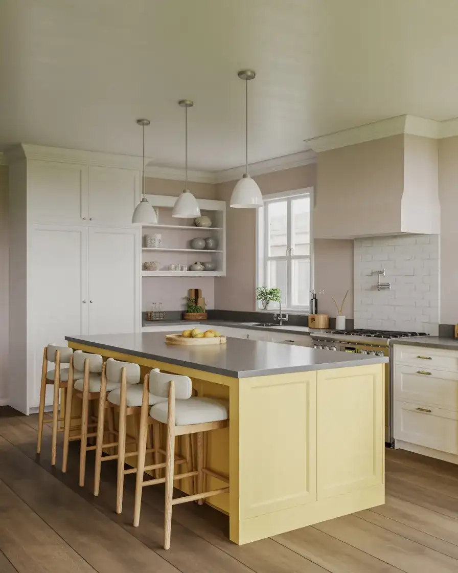 Pale Yellow Island in a Neutral Kitchen 1