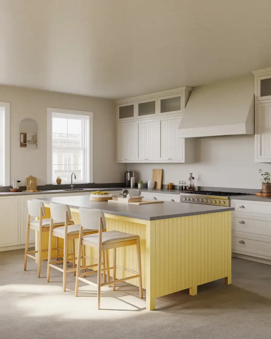 Pale Yellow Island in a Neutral Kitchen 2