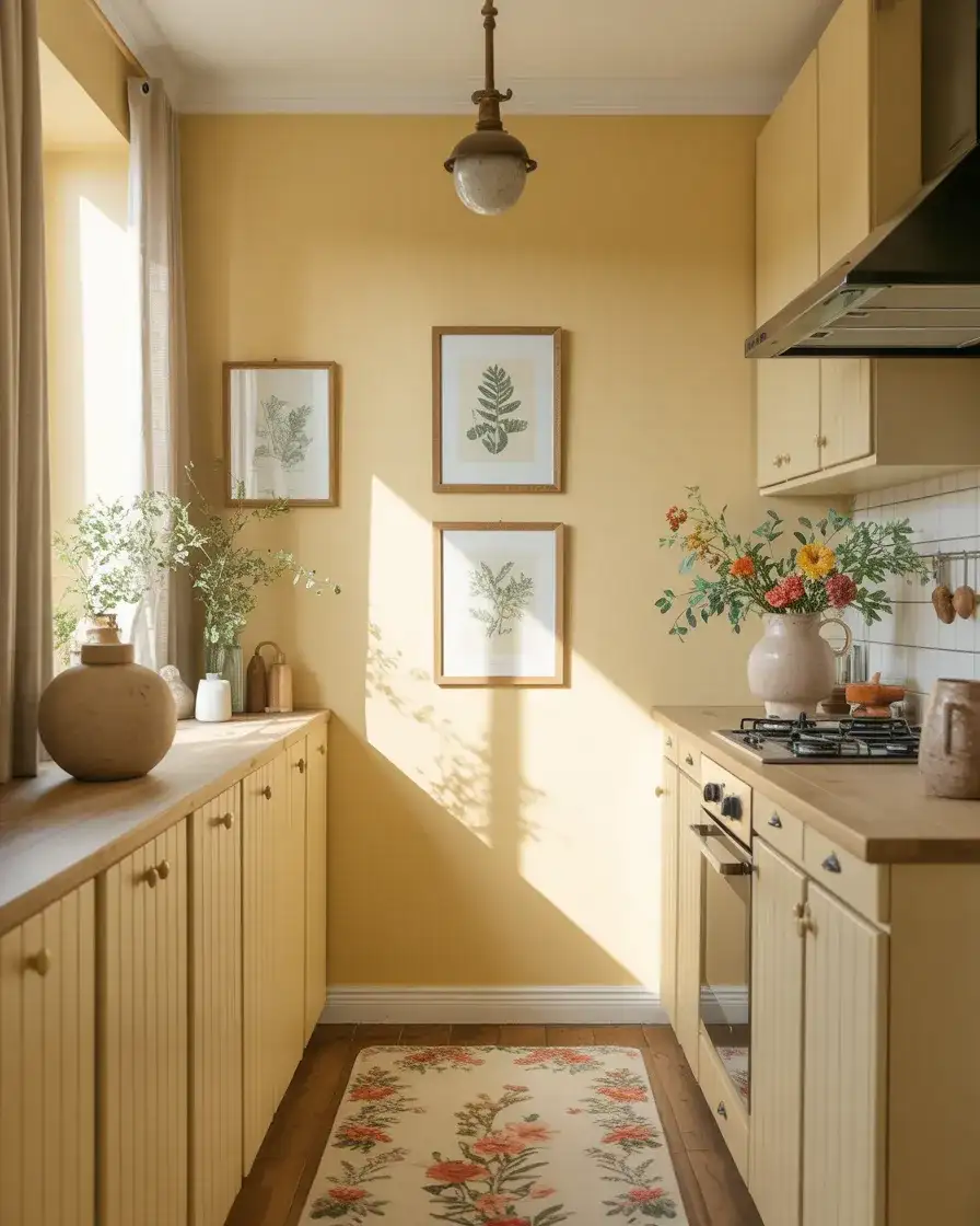 Pale Yellow Kitchen With Floral and Botanical Prints 1