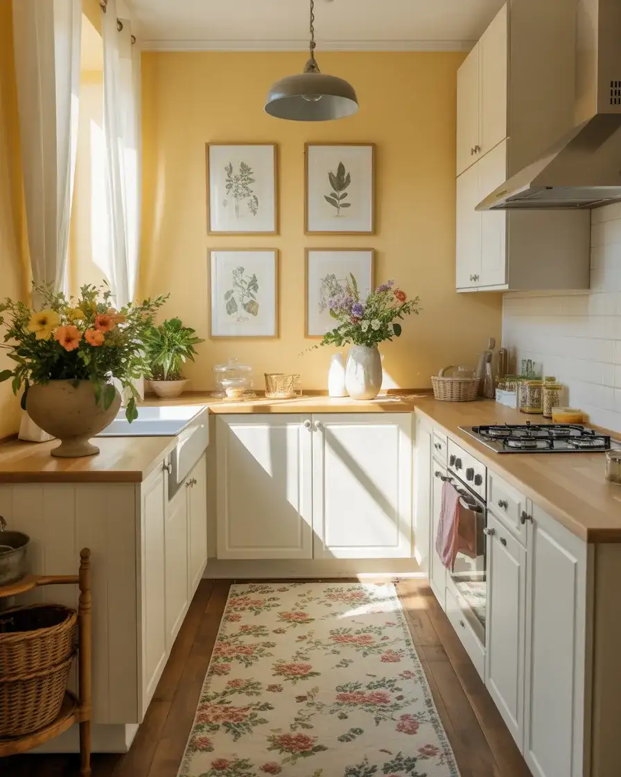 Pale Yellow Kitchen With Floral and Botanical Prints 2