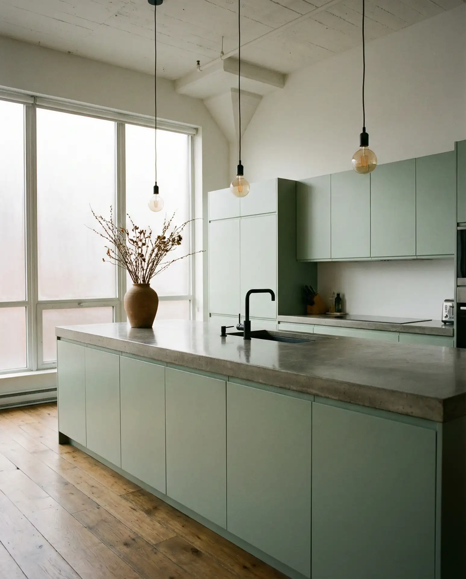 Pastel Green Kitchen with Brass and Ceramic Accents 1