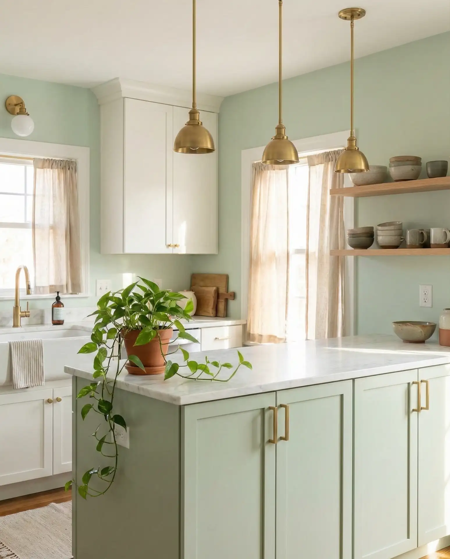 Pastel Green Kitchen with Brass and Ceramic Accents 2