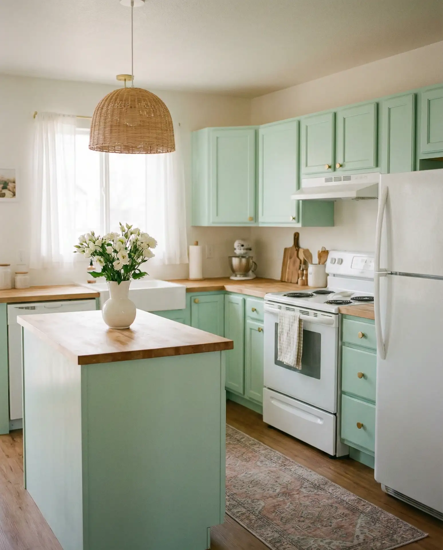 Pastel Mint Kitchen with White Appliances 1