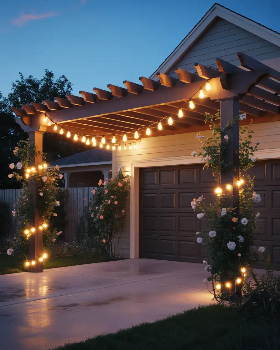 Pergola Above Garage Door with String Lights 1