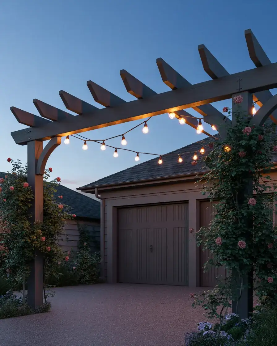 Pergola Above Garage Door with String Lights 2