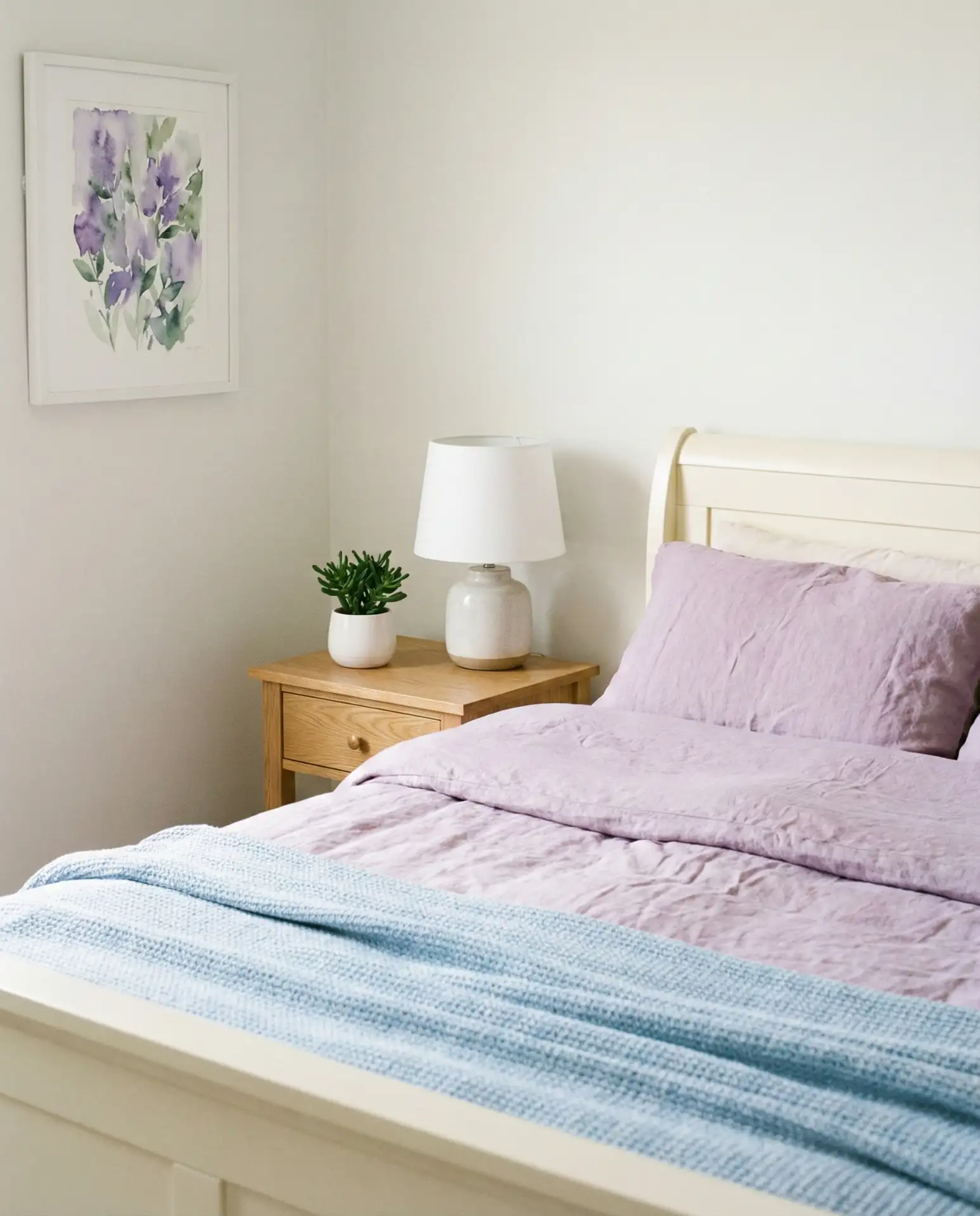 Purple and White Bedroom with Light Blue and Green Accents 1