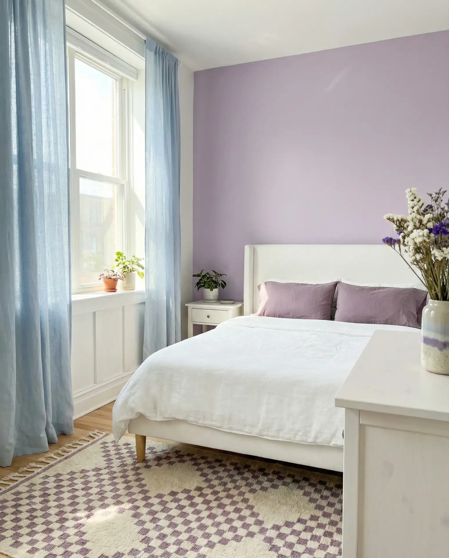 Purple and White Bedroom with Light Blue and Green Accents 2