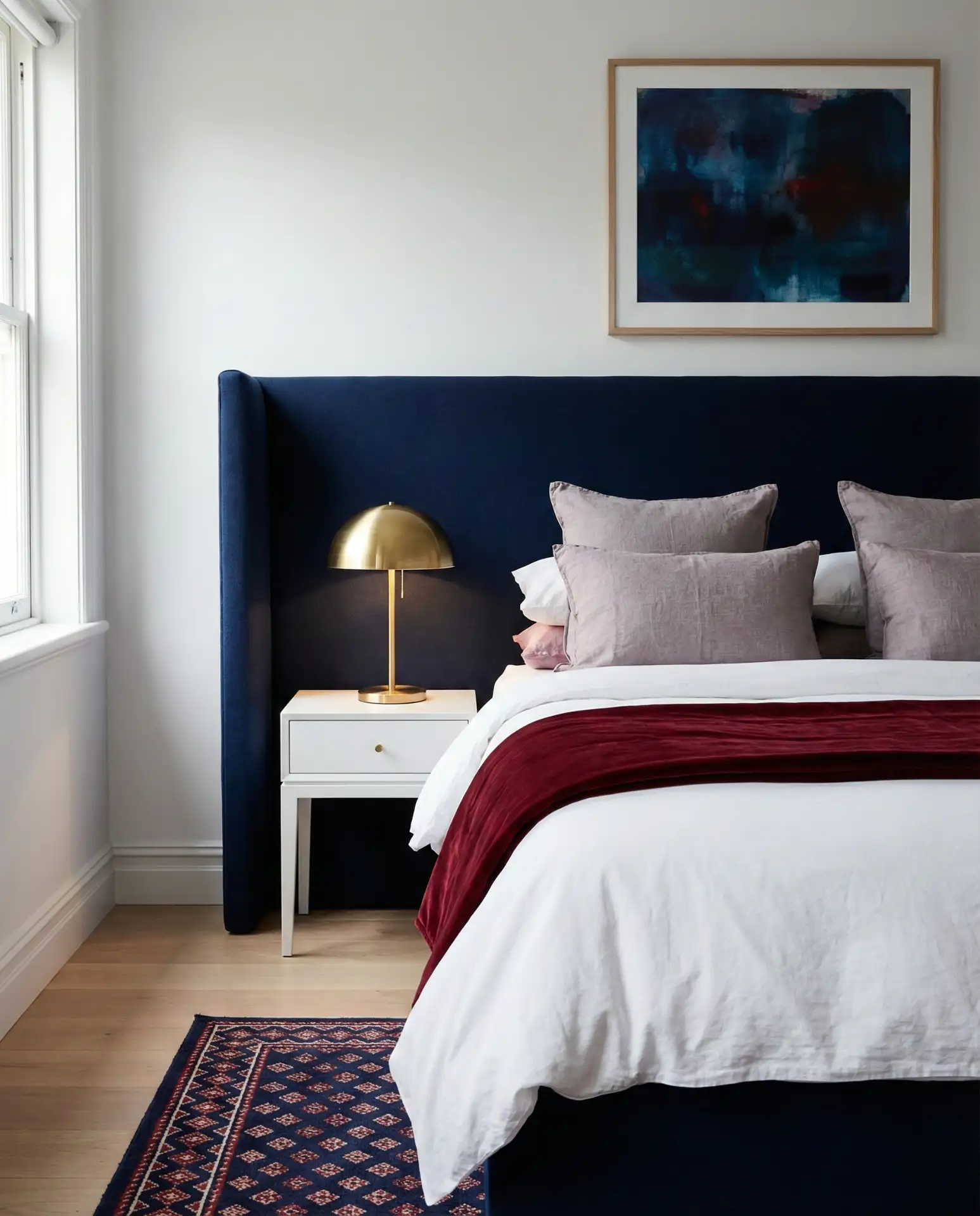 Red and Navy Blue White Bedroom with Grey Pink Accents 1