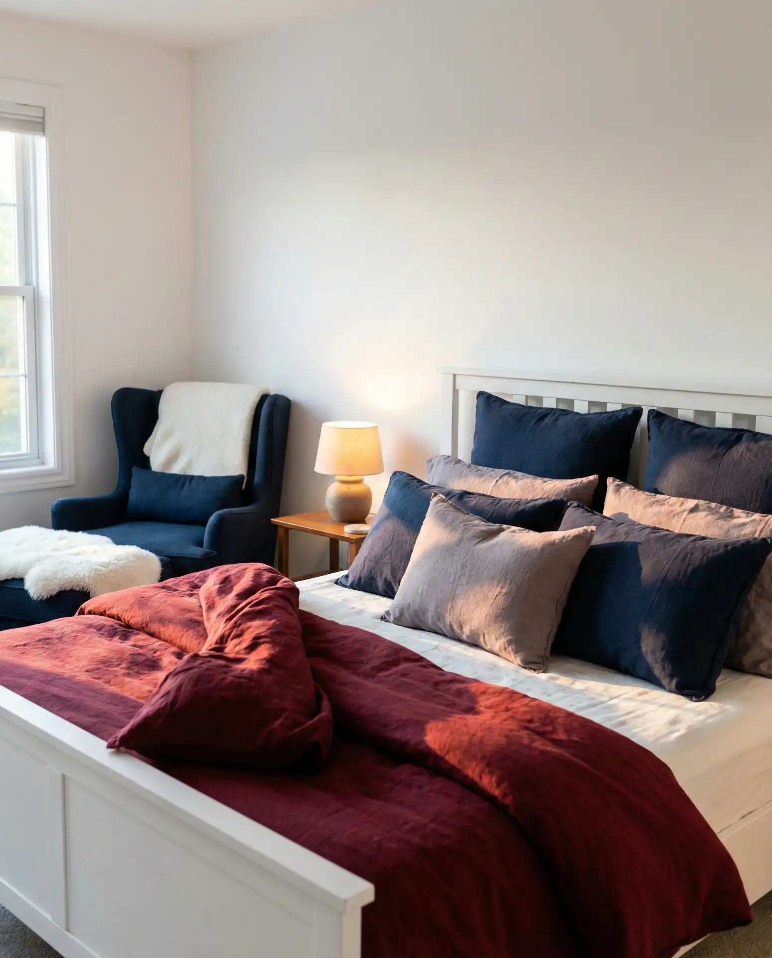 Red and Navy Blue White Bedroom with Grey Pink Accents 2